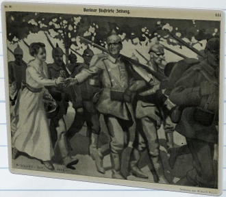 Soldaten marschieren an die Front - Historische Zeichnung von Richard Vogts für die Berliner Illustrierte Zeitung vom 6. September 1914 (© FES)