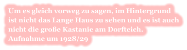 Um es gleich vorweg zu sagen, im Hintergrund ist nicht das Lange Haus zu sehen und es ist auch nicht die große Kastanie am Dorfteich.  Aufnahme um 1928/29